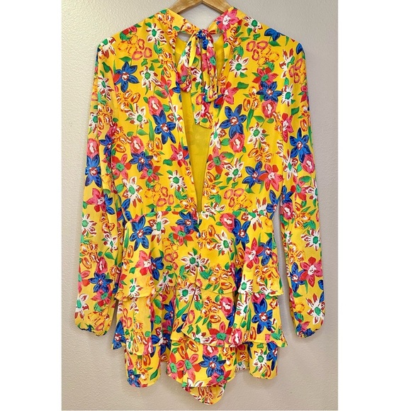 Endless Rose Multicolor Floral Long Sleeve Tie Back Ruffle Romper - Picture 7 of 8